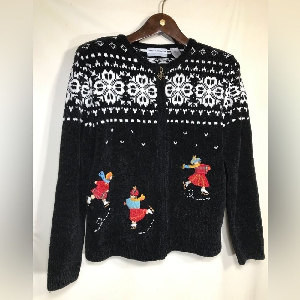 Alfred Dunner Size P XL Ice Skaters Snowflake Zip Cardigan Christmas Sweater